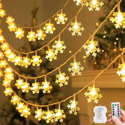 XVZ Schneeflocke Lichterkette, 7m/23ft 50LED Lichterkette Batterie, 8 Modi Fernbedienung Lichterkette mit Timer für Innen, Schlafzimmer, Hochzeit, Geburtstag, Weihnachten Deko - Warmweiß von XVZ