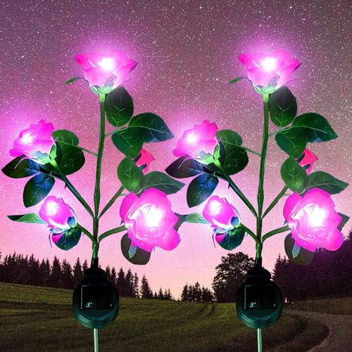 XVZ Solarlampen für Außen Garten, 2 Stück 5 LED Rose Solar Licht mit größerer Blume und Breiterem Wasserdichte Solarpanel, Dekoration Lichter für Garten, Rasen, Zäune, Terrasse - Rosa von XVZ