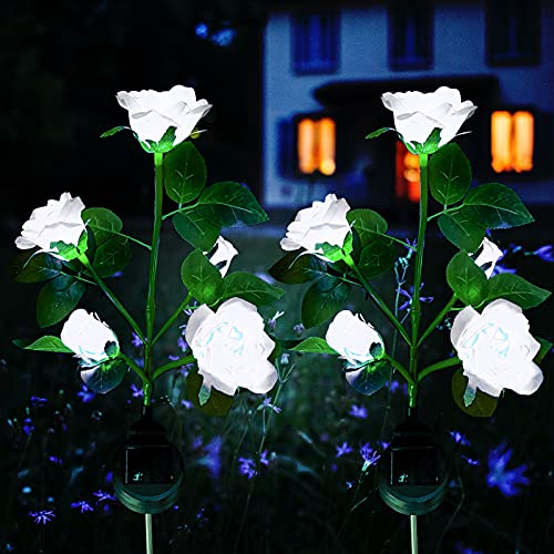 XVZ Solarlampen für Außen Garten, 2 Stück LED Rose Solar Lampen mit größerer Blume und Breiterem wasserdichte Solarpanel, Dekoration Lichter für Garten Rasen Terrasse Weg - Weiß von XVZ