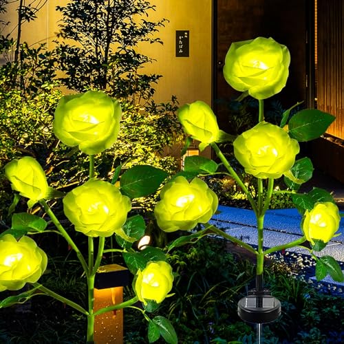 XVZ Solarlampen für Außen Garten Deko, 2 Stück Wasserdicht Solarleuchten für Außen Deko mit 5 LED Rose Lichter, Dekoration für Garten, Rasen, Terrasse, Weg - Gelb von XVZ