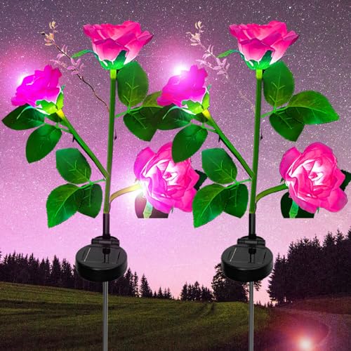 XVZ Solarleuchten Garten Dekoration, 2 Stück Außen Garten LED Rose Lampe mit größerer Blume und Breiterem Wasserdichte Solarpanel, Dekoration Gartenleuchte für Garten, Zäune, Wege, Terrassen(Rosa) von XVZ