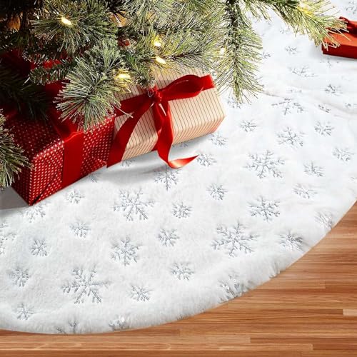 XiXiRan Decke Weihnachtsbaum Rock 90 cm Runde, Schneeflocke weiß Plüsch Weihnachtsbaum Decke, Decke Unterm Tannenbaum, Christbaum Teppich (Silberne Schneeflocke – 90 cm) von XiXiRan