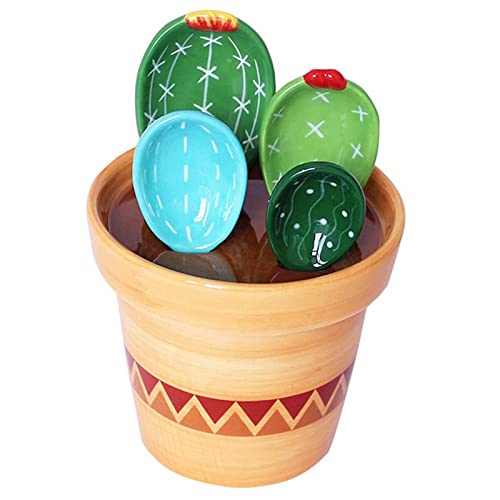 4-teiliges Kaktus-Messlöffel-Set, Keramik-Löffel und Tassen in niedlicher Kaktusform, Kaktus-Messlöffel-Set im Topf, Kaktus-Figur-Messlöffel-Set für Salzzucker von Xianghaoshun