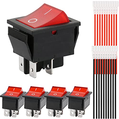 Xiatiaosann Kippschalter Wippschalter Switch 4 Pins 2 Positionen EIN/AUS Rotes LED Licht beleuchtet AC 10A/125V 6A/250V DPST Boot Wippschalter Kippschalter, 5 Stück von Xiatiaosann