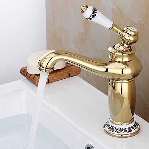 Retro Wasserhahn Gold Bad Waschtischarmatur Messing,Einhebelmischer Waschbecken Armatur 14x13x20CM mit Wasserleitung und Montageteilen. Waschtischarmatur Bad von Xigner