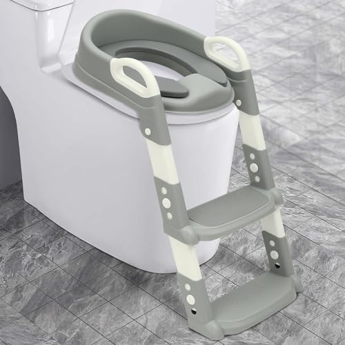 Toilettensitz Baby mit Treppe Kinder Toilettentrainer, Toilettensitz Kinder, mit PU Gepolstert & vier rutschfesten Gummipads Rutschfesten Pedale, 34-44cm einstellbare Höhe von Xigner