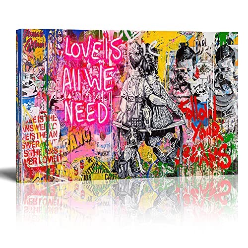 Banksy Kunst auf Leinwand Bild Love is All We Need Graffiti Street Art Wand Bild Pop Art Gemälde Kunstdruck Modern Wandbilder XXL Wanddekoration Mit Rahmen 90x60cm von Xinmei Art