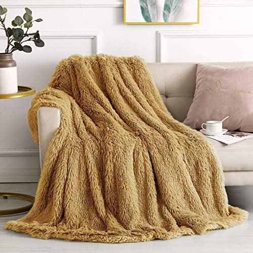 Yorkshire Homeware Langflor Kuschelige Kunstfell, Shaggy & Flauschige Überwürfe für Bett, Couch, Sofa, Stuhl, Heimdekoration, Decken, warm, elegant, gemütlich, Doppelbett, 150 x 200 cm, Senfgelb von Y Homeware