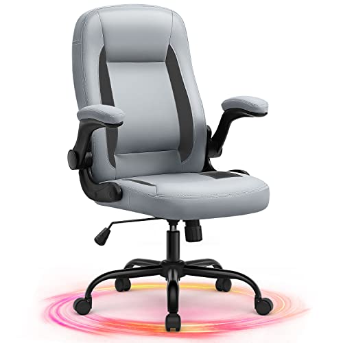 YAMASORO Ergonomischer Bürostuhl Leder Stuhl Grau mit aufklappbaren Armlehnen Schreibtischstuhl Höhenverstellbarer 360° Drehstuhl mit Verstellbarer Rückenlehne von YAMASORO