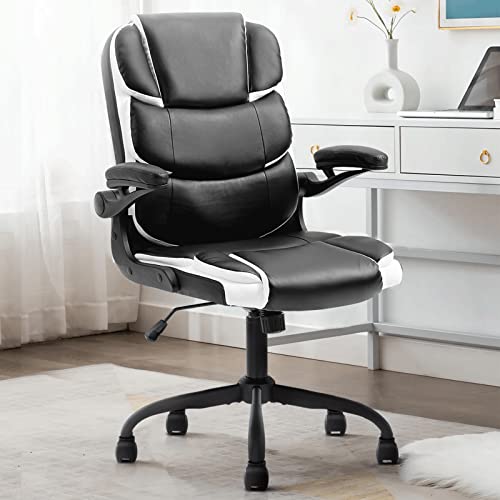 YAMASORO Schwarz Bürostuhl Leder Stuhl mit aufklappbaren Armlehnen Schreibtischstuhl Schwarz Höhenverstellbarer 360° Drehstuhl mit Verstellbarer Rückenlehne von YAMASORO