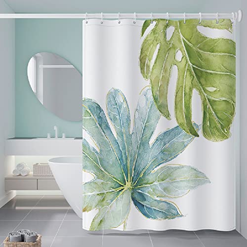 Duschvorhang Badevorhang für Badezimmer und Badewanne mit 12 Haken Polyster Shower Curtains Maschinenwaschbar Antischimmel Botanisch Tropisch Wasserdicht Schnell Trocknend (Weiß 2, 180x200x0.1cm) von YATOLA