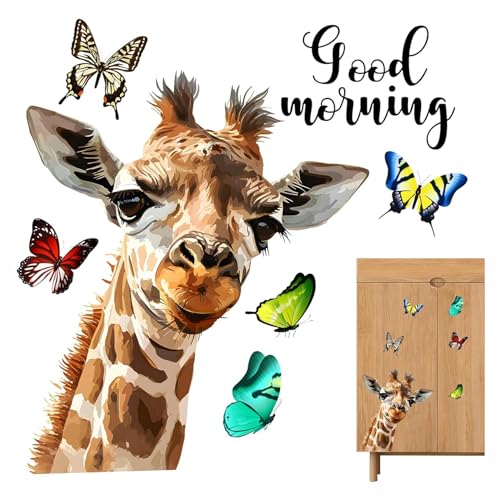 Giraffen Fensterbilder Realistische Guten Morgen Giraffe Schmetterling Fensteraufkleber Wiederverwendbare Anti-Kollisions-Doppelseitige für Wohnzimmer Schlafzimmer Fensterglas Türdekoration von YEELIKE