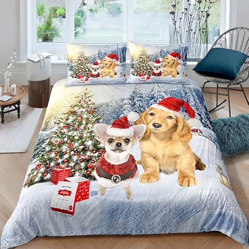 YELDAN Bettwäsche 200x200 Hund, Weihnachten Mikrofaser Bettbezug Set mit 1 Bettwäsche Weich Bügelfrei und 2 Kissenbezüge 80x80cm von YELDAN