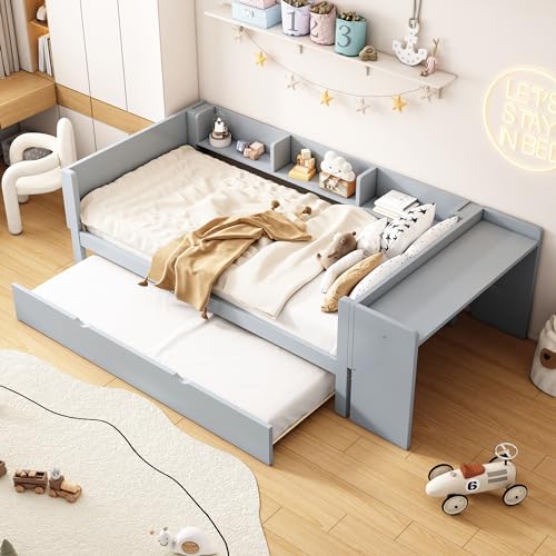 YESGIGA 90x200cm, Flachbett, mit ausziehbarem Bett, mit Schreibtisch, DREI Regale an der Seite des Bettes (Grau) von YESGIGA
