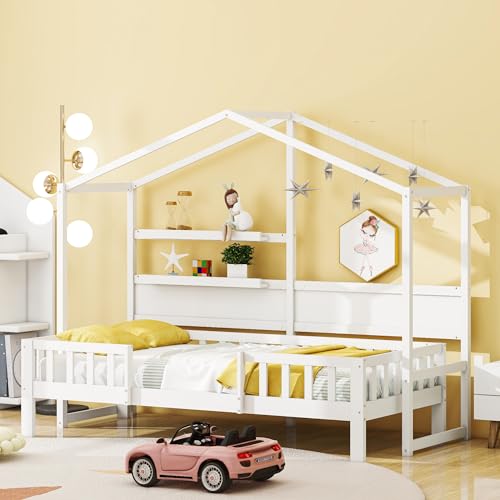 YESGIGA Kinderbett 90 x 200 cm, Schlafsofa aus Massivholz,weißes Jungen- und Mädchenbett mit lustigem Dach und Sicherheitszaun (weißes) von YESGIGA