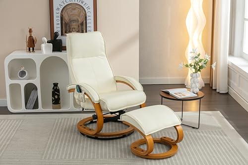 YESGIGA PU Upholstered Massage Recliner with Ottoman Footstool, 5 Points Massager, Bentwood Base for Living Room Bedroom (Beige) von YESGIGA