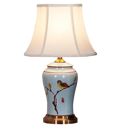 YHQSYKS Tischlampe, chinesische orientalische Keramik-Tischlampe mit glockenförmigem Lampenschirm, Blume und Vogel, handbemalte Schlafzimmer-Nachttischlampe, Jingdezhen-Porzellan-Schreibtischlampe von YHQSYKS