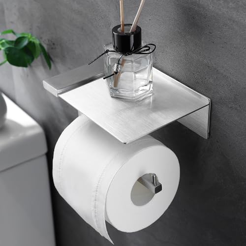 YIGII Toilettenpapierhalter mit Ablage - Klopapierhalter Ohne Bohren Edelstahl, Wc Papier Halterung, Selbstklebend Toilettenpapierhalter für Badezimmer, Silber von YIGII