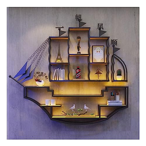 YIHANSS Segelboot-Weinregal aus Eisen zur Wandmontage, dekorative Regale, kreatives, leuchtendes Weinregal für Bar, Restaurant, Weingut (Farbe: Gold-A, Größe: 130 x 20 x 130 cm) von YIHANSS