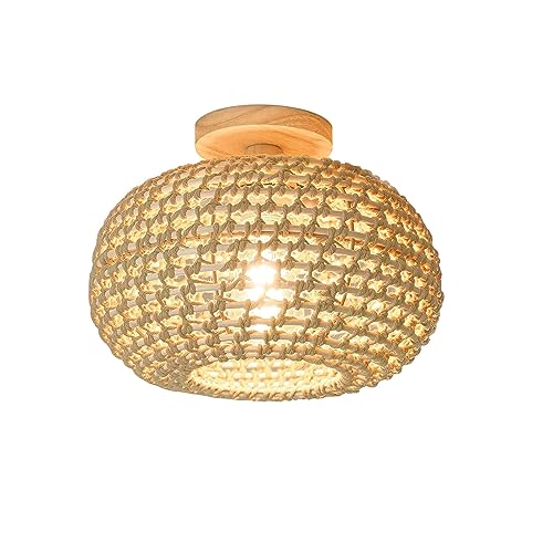 Boho Rattan Lampe Deckenleuchte Hängelampe Bambus - Vintage Holz Deckenlampe Hanfseil Lampenschirm Badlampe Badezimmerlampe Holzlampe Industrielle Deckenleuchten für das Bad Küche Schlafzimmer Flur von YIKEGE LICHT