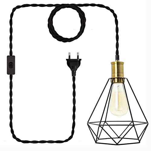 Industrial Vintage Plug in Pendelleuchte Kit mit Schalter - Geometrische Hängelampe Küche mit 4.5M Schwarz gedrehten Hanfseil Textilkabel E27 Hängende Käfige Lampenschirm Esszimmerlampe Küchenlampe von YIKEGE LICHT