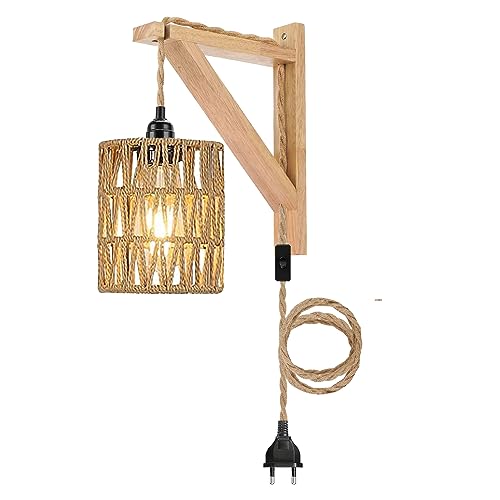 Vintage Boho Lampe Wandlampe Wandleuchte mit Stecker Schalter Kinderzimmer Schlafzimmer Korb Rattan Lampenschirm Led Leselampe Wandmontage E27 Fassung Steckdose Kabellos für das Bad Innen Außen Flur von YIKEGE LICHT