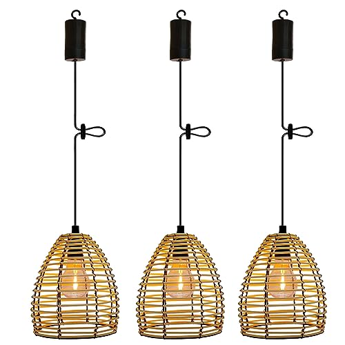 YIKEGE LICHT 3x Vintage Hängelampe mit Batterie Fernbedienung Boho Rattan Lampe Akku Hängeleuchte Deckenlampe ohne Strom Stromanschluss Laternen Lampions Wetterfest für Außen Garten Balkon Camping von YIKEGE LICHT