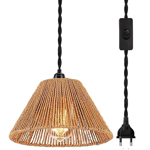 YIKEGE LICHT Vintage Boho Hängelampe mit Stecker Rattan Pendelleuchte E27 Hängend Lampe Steckdose Lampenschirm Hängeleuchte Deckenlampe Esstischlampe Korblampen 450cm Kabel für Schlafzimmer, Ø25cm von YIKEGE LICHT