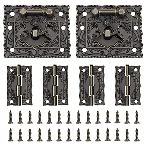 YINETTECH 2 Stück Antik Prägung Verriegelung Schloss Hasp Latch Lock & 4 Stück Bronze Mini Scharnier für Vintage Holzkiste Schmuckschatulle Weinkiste Schrank Kisten von YINETTECH