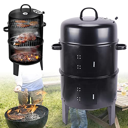 3 IN 1 BBQ Räucherofen Holzkohlegrill Barbecue Smoker mit Thermometer Räuchertonne Räuchergrill mit Deckel Smokertonne Schwarz von YISSALE