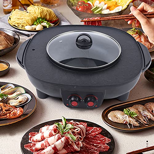 Hot Pot Barbecue 2 in1 Multifunktion Doppelte Trennung Barbecue Hot Pot, Elektrischer Rauchfreier Grill mit Topfdeckel (Schwarz) von YISSALE