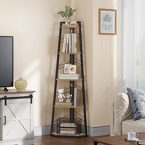 YITAHOME 5-stöckiges Eck-Bücherregal, industrielles Eck-Bücherregal, modernes freistehendes Eck-Bücherregal, Leiter-Bücherregal, offenes Holzregal für Wohnzimmer, Diele, Home Office, Eiche von YITAHOME