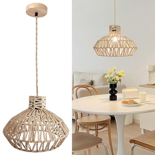 Hängelampe Rattan, Boho Vintage Pendelleuchte, Rustikal Retro Hängeleuchte Geflochten Lampenschirm Pendellampe Esstisch E27 Esszimmerlampe Hängend für Esszimmer Wohnzimmer Esszimmer Flur Küche Ø 30 cm von YNDD