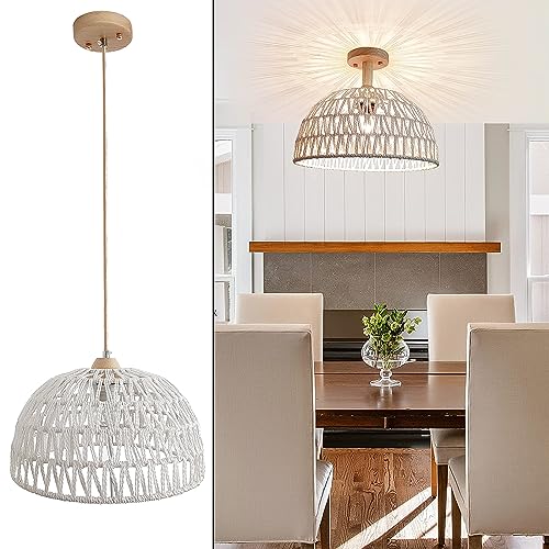 Hängelampe Retro Rattan, Boho Vintage Rattanlampe mit 2 lampe bases Rustikal Woven Hängeleuchte Esstisch Pendelleuchte Verstellbare E27 Pendellampe Esszimmerlamp Hängend für Wohnzimmer Küche Ø 30cm von YNDD