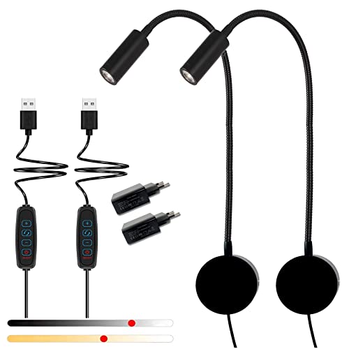 YNDD 2 Stück Leselampe Wand mit Stecker, 230V USB Bettlampe Wandmontage Dimmbar, Wandleuchte mit 38cm Schwanenhals Leseleuchte für Bett, Schlafzimmer, Schwarz von YNDD