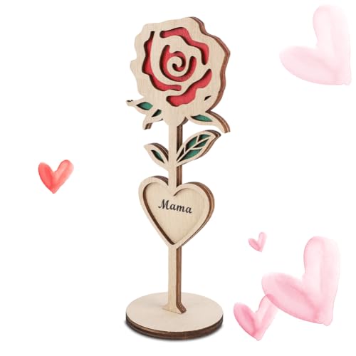 Holz Geschenk für Mama - Ewige Rose Dekoration Tisch Holz Mama mit stabiler runder Basis,Geschenk für Mutter zum Muttertag,Geschenk Muttertag,Holz 3D geschnitzte Blume Desktop Ornament von YNNHUDEEP