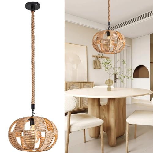 YOODI Boho Lampe, Pendelleuchte Rattan Ø30cm, Vintage Hängelampe mit E27 Lampefassung Rustikal Hanfseil Esszimmerlampe, Deckenlampe Rattan für Schlafzimmer Wohnzimmer (ohne Leuchtmittel) von YOODI