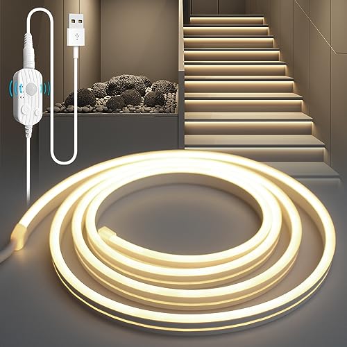 YOODI LED Band mit Bewegungsmelder, 5M Neutrales Licht LED Strip Flexible PVC Schneidbare, Treppenstufenbeleuchtung mit 3 Modi, Sensor Streifen mit Timing-Funktion für Küche Schlafzimmer Schrank von YOODI