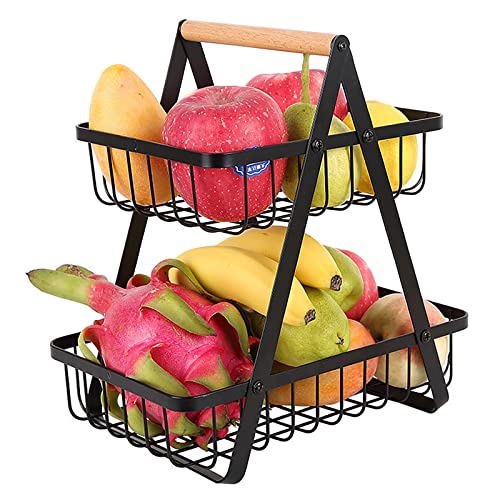 YOPOTIKA 2-stöckiger Obstkorb, Etagere Obst 2 Etagen, Abnehmbar Obst Halter Brotkorb Gemüse Halter für Obst, Gemüse, Snacks zu Hause, Küche, Büro (Schwarz) von YOPOTIKA