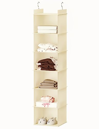 YOUDENOVA Hängeregal Kleiderschrank, Schrank Organizer Oxford-Stoff mit 6 Breiten Fähern,Kleiderschrank Organizer mit Metallhaken,Ordnungssystem Hängeaufbewahrung platzsparend Beige von YOUDENOVA