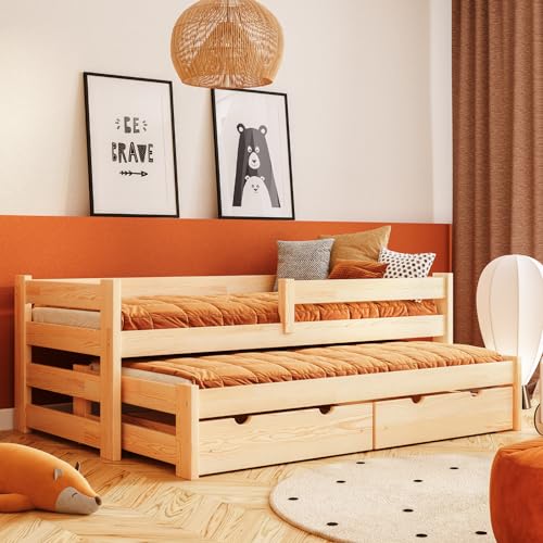 YOUKO Doppel-Bodenbett Kinder mit Zustellbett 180x90 - Toddler Bed aus Kiefernholz - Kinderbett mit Fest Installiertes Oberes Geländer - Kinder Hausbett Varnish von YOUKO