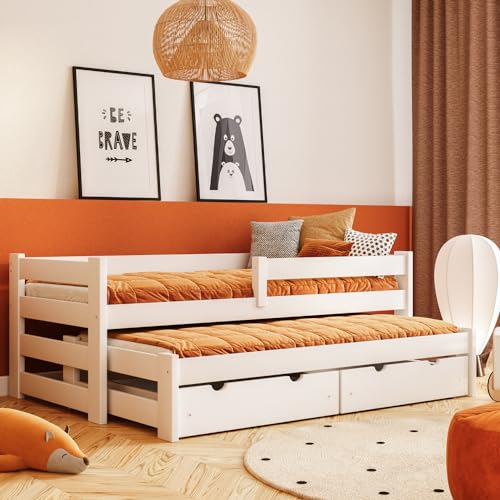 YOUKO Doppel-Bodenbett Kinder mit Zustellbett 200x90 - Toddler Bed aus Kiefernholz - Kinderbett mit Fest Installiertes Oberes Geländer - Kinder Hausbett White von YOUKO