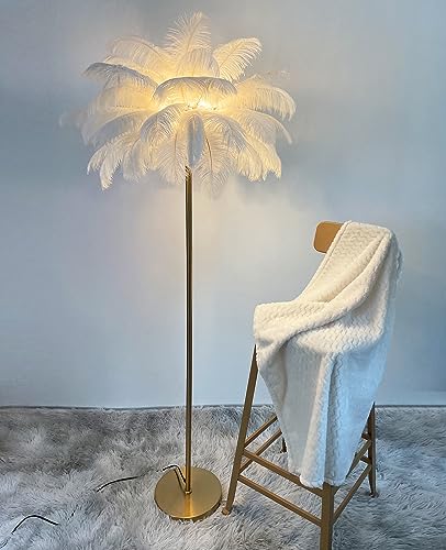 YQGOO Federlampe Stehlampe Federn Lampe,Palm Tree Straußenfedern Stehlampen,1,6m Hoch 3 Farben Dimmbar,Wohn/Schlafzimmer mit Knopfschalter Dekorbeleuchtung(White) von YQGOO