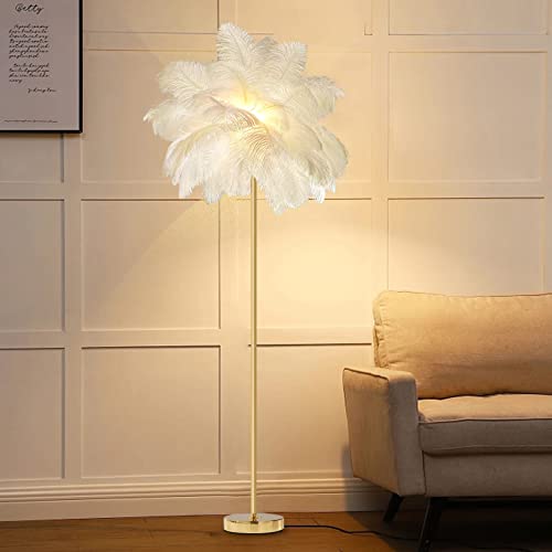 YQGOO Stehlampe Straußenfeder Lampe Natürliche Feder Stehlampe Moderne Feder Stehleuchte für Wohnzimmer 160cm LED Federlampen mit Gold Finish, 3-farbig Dimmbarem für Nachttisch Schlafzimmer (White) von YQGOO