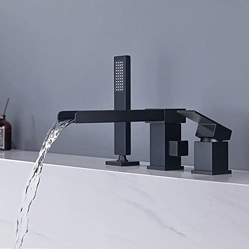 3 Loch Badewannenarmatur Wannenrandarmatur mit Ausziehbarem Handbrause Wasserfall Dusche Einhand Mischer Wasserhahn Badewanne wasserhahn badewanne Armatur für Badewanne-Schwarz von YRUIIA