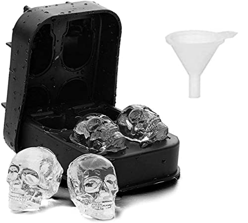 3D Totenkopf Silikon Eiswürfel,4 Gitter Silikon Eiswürfelform,Silikon Eiswürfelform Totenkopf für Whisky,Cocktails,Jedes Getränk mit Mini-Trichter von YSTrillion