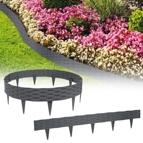 YUENFONG 5m Beeteinfassung Rasenkante Biegbarer Beetumrandungen Kunststoff Rasenkanten, Rattan-Optik Zaun Gartenpalisade Beetbegrenzung, 5 Elemente á 100cmX20cm, Anthrazit von YUENFONG