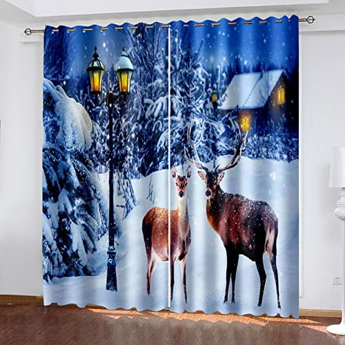 YUIUPD Vorhang Blickdicht Kinderzimmer 2Er Set, Ösenvorhang 3D Winter Weihnachten Haus Elch Muster, Verdunklungsvorhänge Schlafzimmer Wohnzimmer 230X234cm(HxB) Thermogardine Fensterdekoration von YUIUPD