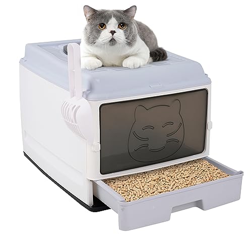 YULEYU Katzentoilette mit Deckel, Faltbare Katzentoilette mit ausziehbares Tablett, Schaufel, geräumig für Katzen bis 15 kg von YULEYU