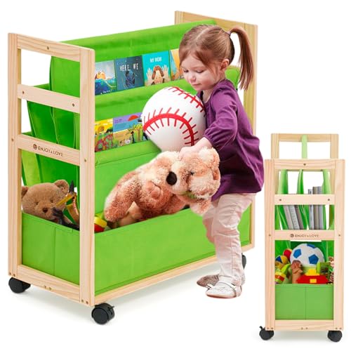 YULEYU Bücherregal Kinder mit Rollen 3 Kinderregal Fächern und Spielzeugkiste, Holz Regal mit Großen Aufbewahrungsbehältern und Rollenden Rädern, Mehrzweckregal für Kinderzimmer Spielzimmer(grün) von YULEYU